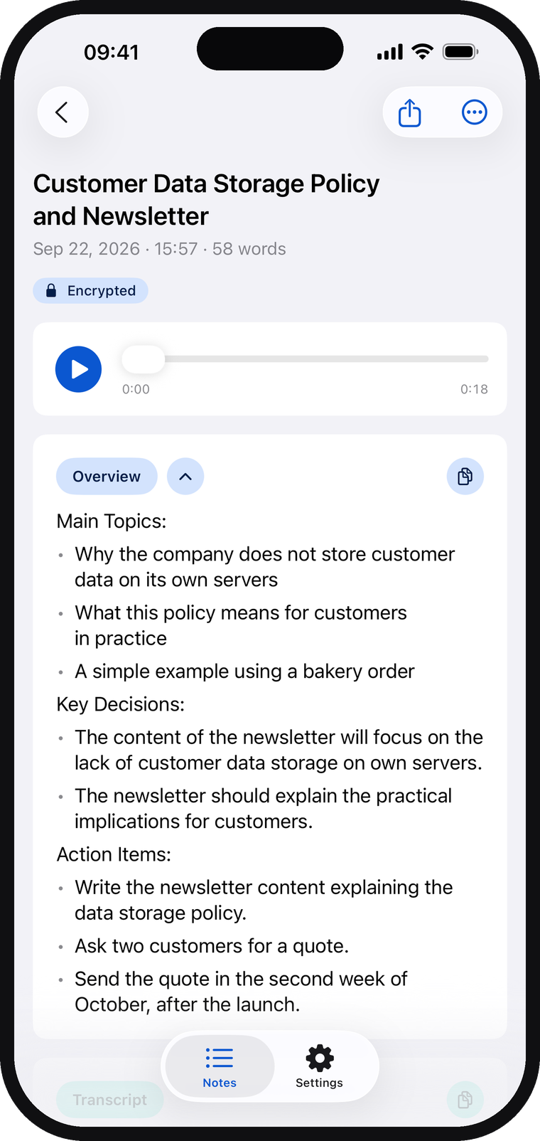 A structured note with main topics, key decisions and action items, an AI-generated title and the Encrypted badge