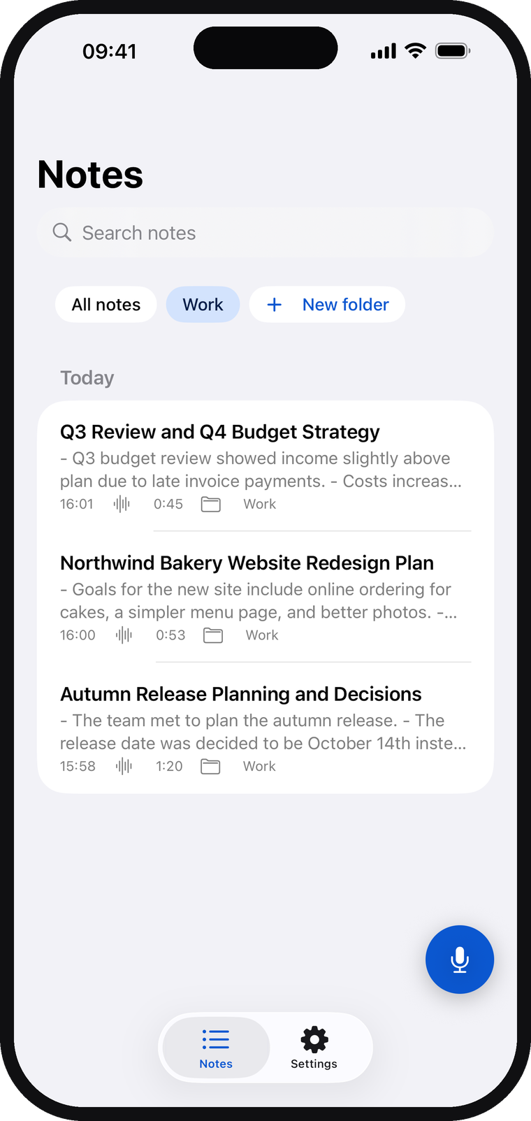 Offhand on iPhone — a Work folder with three notes, each with an AI-generated title and preview