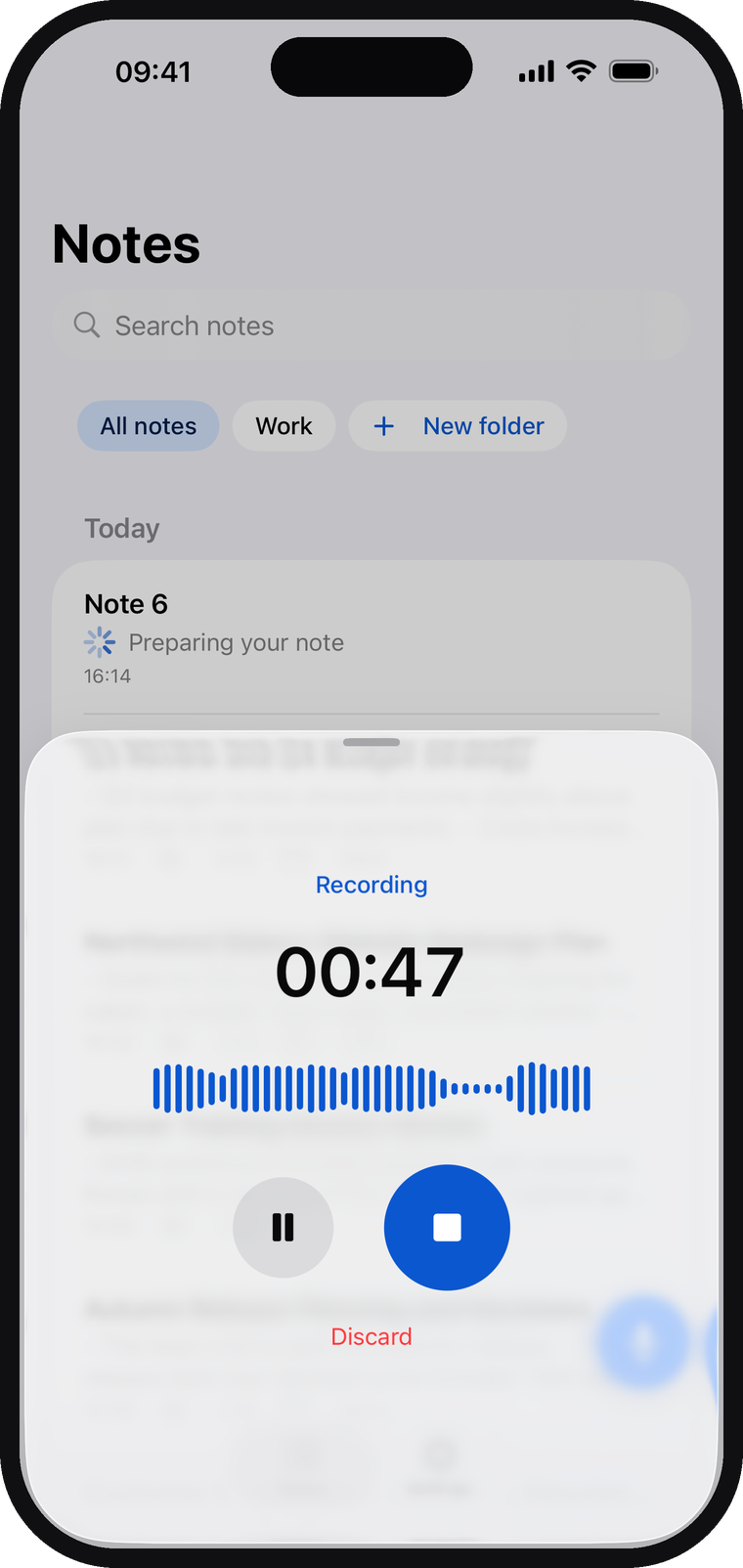 Recording a voice note with a live waveform — transcribed on your phone while you speak