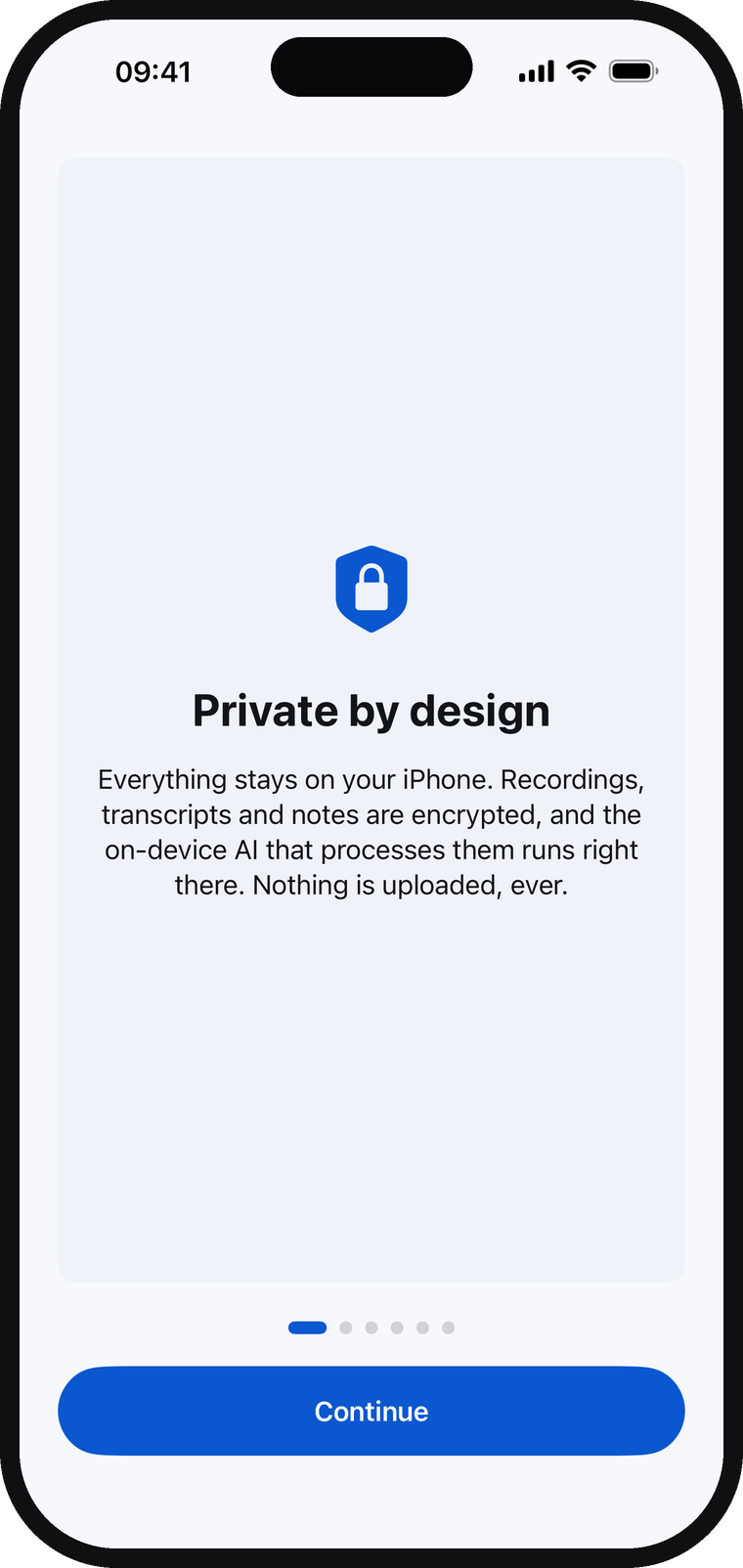 Offhand onboarding — Private by design: everything stays on your phone, nothing is uploaded, ever